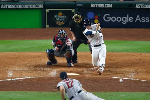 HOUSTON, TX – OCTOBER 16: Alex Bregman #2 of the Houston Astros hits an RBI double against Nathan Eovaldi #17 of the Boston Red Sox in the fifth inning during Game Three of the American League Championship Series at Minute Maid Park on October 16, 2018 in Houston, Texas. (Photo by Tim Warner/Getty Images)