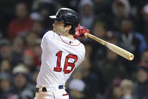 BOSTON, MA – OCTOBER 23: Andrew Benintendi #16 of the Boston Red Sox hits a double during the seventh inning against the Los Angeles Dodgers in Game One of the 2018 World Series at Fenway Park on October 23, 2018 in Boston, Massachusetts. (Photo by Elsa/Getty Images)