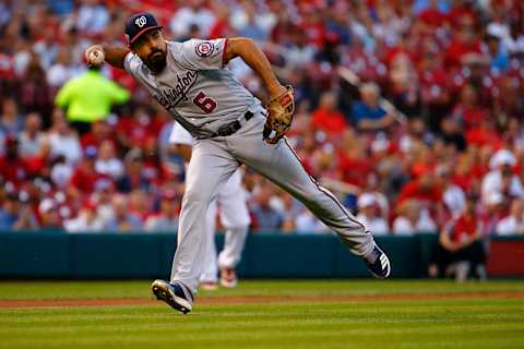 ST. LOUIS, MO – AUGUST 13: Anthony Rendon #6 of the Washington Nationals throws to first base against the St. Louis Cardinals first inning at Busch Stadium on August 13, 2018 in St. Louis, Missouri. (Photo by Dilip Vishwanat/Getty Images)