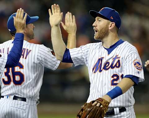 NEW YORK, NY – AUGUST 22: Todd Frazier #21 of the New York Mets celebrates the win with manager Mickey Callaway after the 5-3 win over the San Francisco Giants on August 22, 2018 at Citi Field in the Flushing neighborhood of the Queens borough of New York City. (Photo by Elsa/Getty Images)