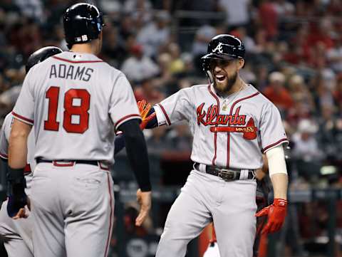 PHOENIX, AZ – SEPTEMBER 09: Ender Inciarte #11 of the Atlanta Braves (R) celebrates with teammates Ozzie Albies #1 and Lane Adams #18 after hitting a three-run home run against the Arizona Diamondbacks during the ninth inning of an MLB game at Chase Field on September 9, 2018 in Phoenix, Arizona. (Photo by Ralph Freso/Getty Images)