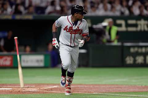 TOKYO, JAPAN – NOVEMBER 11: Outfielder Ronald Acuna Jr. #13 of the Atlanta Braves hits a single in the top of 4th inning during the game three of Japan and MLB All Stars at Tokyo Dome on November 11, 2018 in Tokyo, Japan. (Photo by Kiyoshi Ota/Getty Images)