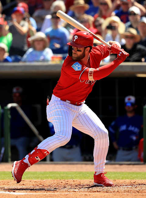 CLEARWATER, FLORIDA – MARCH 09: Bryce Harper #3 of the Philadelphia Phillies hits in the first inning during a game against the Toronto Blue Jays on March 09, 2019 in Clearwater, Florida. (Photo by Mike Ehrmann/Getty Images)