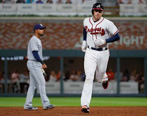 ATLANTA, GA – APRIL 17: Freddie Freeman #5 of the Atlanta Braves rounds second base after hitting a two-run homer in the third inning against the San Diego Padres at SunTrust Park on April 17, 2017 in Atlanta, Georgia. (Photo by Kevin C. Cox/Getty Images)