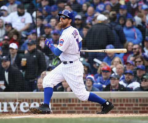 CHICAGO, IL – APRIL 10: Ben Zobrist #18 of the Chicago Cubs bats against the Pittsburgh Piratesduring the Opening Day home game at Wrigley Field on April 10, 2018 in Chicago, Illinois. The Pirates defeated the Cubs 8-5. (Photo by Jonathan Daniel/Getty Images)