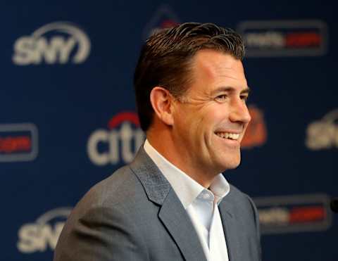 NEW YORK, NEW YORK – MAY 20: New York Mets general manager Brodie Van Wagenen answers questions during a press conference before the game between the New York Mets and the Washington Nationals at Citi Field on May 20, 2019 in the Flushing neighborhood of the Queens borough of New York City. (Photo by Elsa/Getty Images)