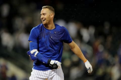 NEW YORK, NEW YORK – SEPTEMBER 24: Brandon Nimmo #9 of the New York Mets celebrates after he was walked with the bases loaded to score the game winning run in the 11th inning against the Miami Marlins at Citi Field on September 24, 2019 in the Flushing neighborhood of the Queens borough of New York City.The New York Mets defeated the Miami Marlins 5-4 in 11 innings. (Photo by Elsa/Getty Images)