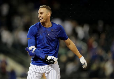 NEW YORK, NEW YORK – SEPTEMBER 24: Brandon Nimmo #9 of the New York Mets celebrates after he was walked with the bases loaded to score the game winning run in the 11th inning against the Miami Marlins at Citi Field on September 24, 2019 in the Flushing neighborhood of the Queens borough of New York City.The New York Mets defeated the Miami Marlins 5-4 in 11 innings. (Photo by Elsa/Getty Images)