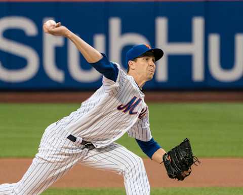 May 18, 2018; New York City, NY, USA; New York Mets pitcher Jacob DeGrom (48) delivers a pitch during the first inning of the game at Citi Field. Mandatory Credit: Gregory J. Fisher-USA TODAY Sports