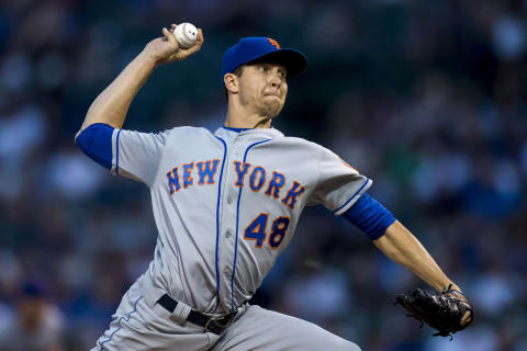 Aug 28, 2018; Chicago, IL, USA; New York Mets starting pitcher Jacob DeGrom (48) pitches during the first inning against the Chicago Cubs at Wrigley Field. Mandatory Credit: Patrick Gorski-USA TODAY Sports