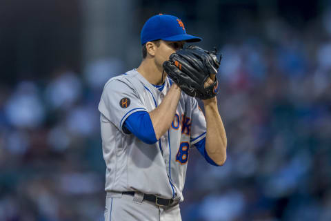 Aug 28, 2018; Chicago, IL, USA; New York Mets starting pitcher Jacob DeGrom (48) prepares to pitch during the first inning against the Chicago Cubs at Wrigley Field. Mandatory Credit: Patrick Gorski-USA TODAY Sports