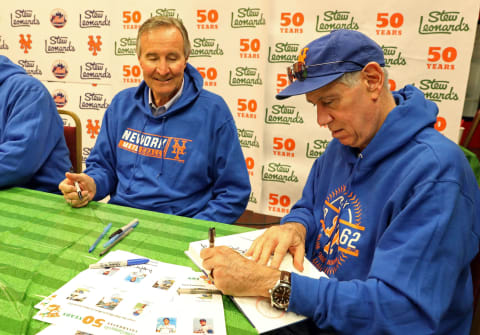 Art Shamsky, right, and Jim McAndrew, members of the 1969 “Miracle Mets,” sign autographs at Stew Leonard’s in Yonkers March 25, 2019. As part of Stew Leonard’s 50th anniversary celebration, they invited members of the 1969 “Miracle Mets” to commemorate their 50th anniversary of winning the World Series. Proceeds will benefit the Alzheimer’s Foundation of America.Miracle Mets At Stew Leonard S