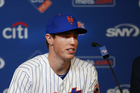 Jun 15, 2019; New York City, NY, USA; New York Mets first round pick in the 2019 MLB draft Brett Baty addresses the media after being introduced during a press conference prior to the game between the New York Mets and St. Louis Cardinals at Citi Field. Mandatory Credit: Andy Marlin-USA TODAY Sports