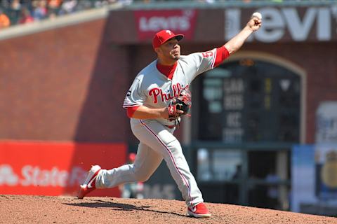 Aug 10, 2019; San Francisco, CA, USA; Philadelphia Phillies relief pitcher Jose Alvarez (52) delivers a pitch against the San Francisco Giants during the sixth inning at Oracle Park. Mandatory Credit: Robert Edwards-USA TODAY Sports