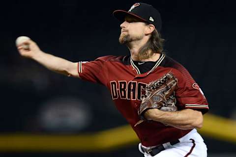 Sep 18, 2019; Phoenix, AZ, USA; Arizona Diamondbacks starting pitcher Mike Leake (8) pitches against the Miami Marlins during the first inning at Chase Field. Mandatory Credit: Joe Camporeale-USA TODAY Sports