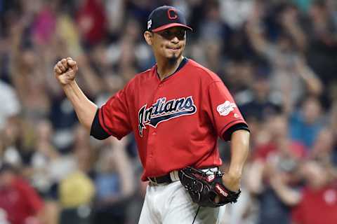 Sep 20, 2019; Cleveland, OH, USA; Cleveland Indians pitcher Carlos Carrasco (59) celebrates after defeating the Philadelphia Phillies at Progressive Field. Mandatory Credit: Ken Blaze-USA TODAY Sports