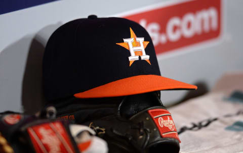 Sep 27, 2019; Anaheim, CA, USA; A detailed view of a Houston Astros baseball cap in the dugout during the third inning against the Los Angeles Angels at Angel Stadium of Anaheim. Mandatory Credit: Orlando Ramirez-USA TODAY Sports