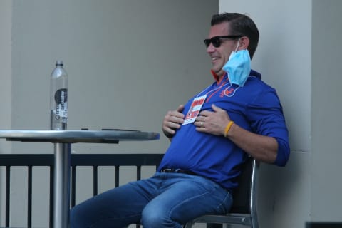 Jul 6, 2020; Flushing Meadows, New York, United States; New York Mets general manager Brodie Van Wagenen watches practice during workouts at Citi Field. Mandatory Credit: Brad Penner-USA TODAY Sports