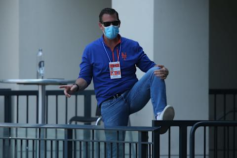 Jul 6, 2020; Flushing Meadows, New York, United States; New York Mets general manager Brodie Van Wagenen watches practice during workouts at Citi Field. Mandatory Credit: Brad Penner-USA TODAY Sports