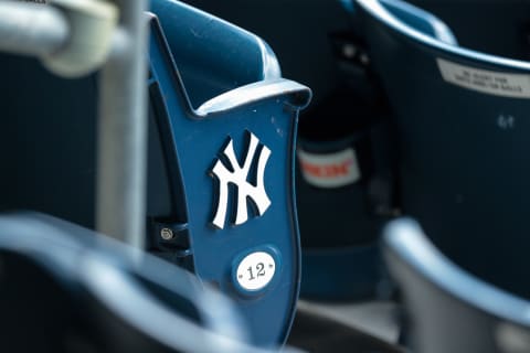 Jul 12, 2020; Bronx, New York, United States; A view of the New York Yankees logo and seat number of an empty seat during a simulated game during summer camp workouts at Yankee Stadium. Mandatory Credit: Vincent Carchietta-USA TODAY Sports