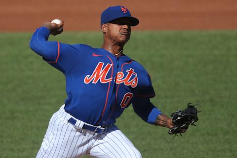 Jul 12, 2020; Flushing Meadows, New York, United States; New York Mets starting pitcher Marcus Stroman (0) pitches during a simulated game during summer camp workouts at Citi Field. Mandatory Credit: Brad Penner-USA TODAY Sports