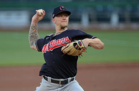 Jul 18, 2020; Pittsburgh, Pennsylvania, USA; Cleveland Indians starting pitcher Zach Pleasac (34) delivers a pitch against the Pittsburgh Pirates during the first inning at PNC Park. Mandatory Credit: Charles LeClaire-USA TODAY Sports