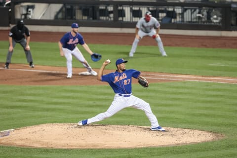 Aug 12, 2020; New York City, New York, USA; New York Mets relief pitcher Jeurys Familia (27) pitches during the top of the fifth inning against the Washington Nationals at Citi Field. Mandatory Credit: Vincent Carchietta-USA TODAY Sports