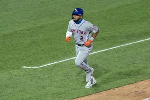 Aug 15, 2020; Philadelphia, Pennsylvania, USA; New York Mets left fielder Dominic Smith (2) rounds the bases after hitting a two run home run during the ninth inning against the Philadelphia Phillies at Citizens Bank Park. Mandatory Credit: Gregory Fisher-USA TODAY Sports