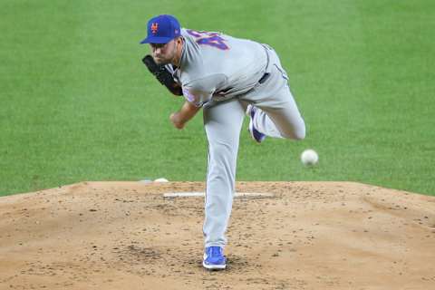 Aug 28, 2020; Bronx, New York, USA; New York Mets starting pitcher David Peterson (77) pitches against the New York Yankees during the second inning of the second game of a double header at Yankee Stadium. Mandatory Credit: Brad Penner-USA TODAY Sports