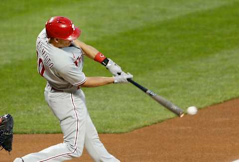 Sep 5, 2020; New York City, New York, USA; Philadelphia Phillies catcher J.T. Realmuto (10) singles against the New York Mets during the first inning at Citi Field. Mandatory Credit: Andy Marlin-USA TODAY Sports