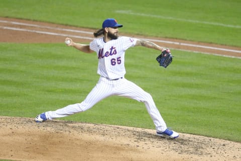 Sep 8, 2020; New York City, New York, USA; New York Mets relief pitcher Robert Gsellman (65) pitches against the Baltimore Orioles during the sixth inning at Citi Field. Mandatory Credit: Brad Penner-USA TODAY Sports