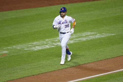 Sep 9, 2020; New York City, New York, USA; New York Mets right fielder Michael Conforto (30) rounds the bases after hitting a solo home run against the Baltimore Orioles during the fifth inning at Citi Field. Mandatory Credit: Brad Penner-USA TODAY Sports