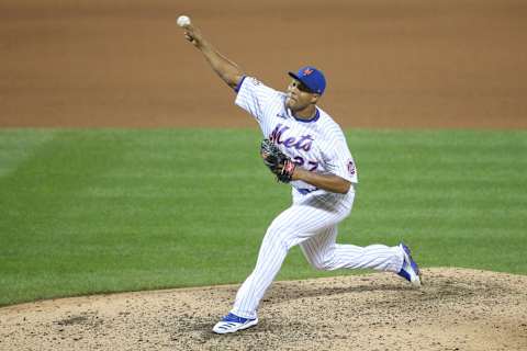 Sep 9, 2020; New York City, New York, USA; New York Mets relief pitcher Jeurys Familia (27) pitches against the Baltimore Orioles during the eighth inning at Citi Field. Mandatory Credit: Brad Penner-USA TODAY Sports