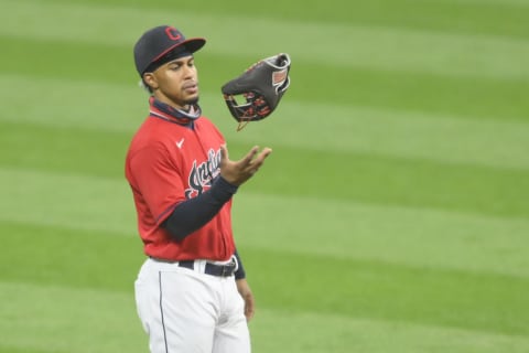 Sep 10, 2020; Cleveland, Ohio, USA; Cleveland Indians shortstop Francisco Lindor (12) reacts in the seventh inning against the Kansas City Royals at Progressive Field. Mandatory Credit: David Richard-USA TODAY Sports