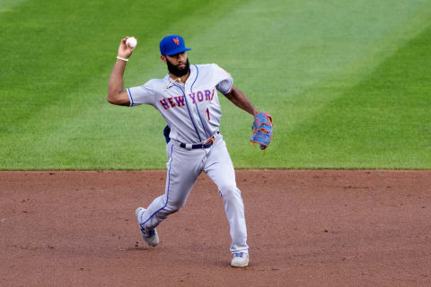 Sep 12, 2020; Buffalo, New York, USA; New York Mets shortstop Amed Rosario (1) throws to retire Toronto Blue Jays third baseman Travis Shaw (not pictured) after fielding a ground ball during the first inning at Sahlen Field. Mandatory Credit: Gregory Fisher-USA TODAY Sports