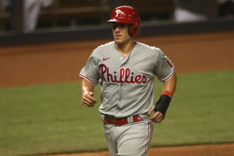 Sep 12, 2020; Miami, Florida, USA; Philadelphia Phillies catcher J.T. Realmuto (10) scores a run in the fifth inning against the Miami Marlins at Marlins Park. Mandatory Credit: Sam Navarro-USA TODAY Sports