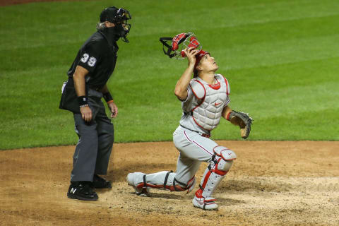 Sep 4, 2020; New York City, New York, USA; Philadelphia Phillies catcher J.T. Realmuto (10) at Citi Field. Mandatory Credit: Wendell Cruz-USA TODAY Sports