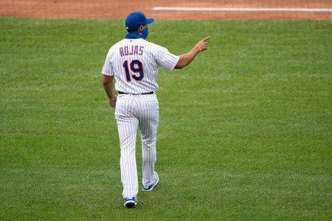 Sep 3, 2020; New York City, New York, USA; New York Mets manager Luis Rojas (19) signals to make a pitching change during the second inning against the New York Yankees at Citi Field. Mandatory Credit: Gregory Fisher-USA TODAY Sports