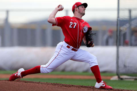 Cincinnati Reds starting pitcher Trevor Bauer (27) delivers during live batting practice, Sunday, Feb. 23, 2020, at the baseball team’s spring training facility in Goodyear, Ariz.Cincinnati Reds Spring Training 2 23 2020