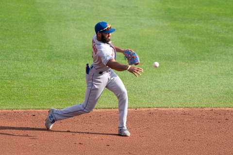 Sep 13, 2020; Buffalo, New York, USA; New York Mets shortstop Amed Rosario (1) throws the ball to second base after fielding a ground ball hit by Toronto Blue Jays center fielder Randal Grichuk (15) (not pictured) during the third inning at Sahlen Field. Mandatory Credit: Gregory Fisher-USA TODAY Sports