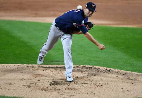 Sep 16, 2020; Chicago, Illinois, USA; Minnesota Twins starting pitcher Jake Odorizzi (12) throws a pitch against the Chicago White Sox during the first inning at Guaranteed Rate Field. Mandatory Credit: Mike Dinovo-USA TODAY Sports