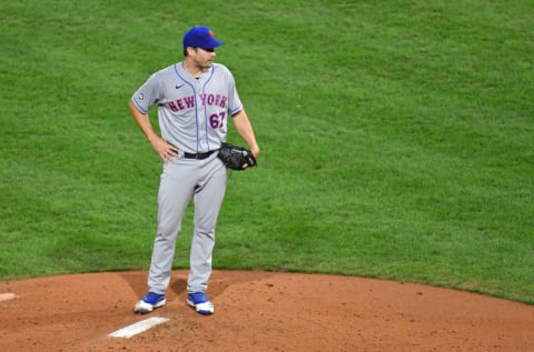 Sep 17, 2020; Philadelphia, Pennsylvania, USA; New York Mets relief pitcher Seth Lugo (67) waits on the mound before being pulled from the game during the second inning against the Philadelphia Phillies at Citizens Bank Park. Mandatory Credit: Eric Hartline-USA TODAY Sports