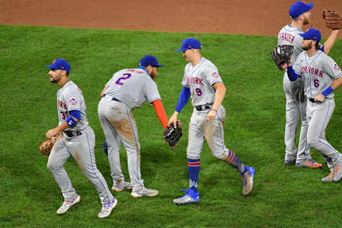 Sep 17, 2020; Philadelphia, Pennsylvania, USA; New York Mets first baseman Dominic Smith (2) and center fielder Brandon Nimmo (9) celebrate win against the Philadelphia Phillies at Citizens Bank Park. Mandatory Credit: Eric Hartline-USA TODAY Sports