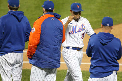 Sep 22, 2020; New York City, New York, USA; New York Mets relief pitcher Edwin Diaz (39) celebrates with teammates after defeating the Tampa Bay Rays at Citi Field. Mandatory Credit: Brad Penner-USA TODAY Sports