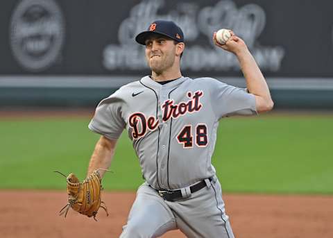 Sep 26, 2020; Kansas City, Missouri, USA; Detroit Tigers starting pitcher Matthew Boyd (48) delivers a pitch during the first inning against the Kansas City Royals at Kauffman Stadium. Mandatory Credit: Peter Aiken-USA TODAY Sports