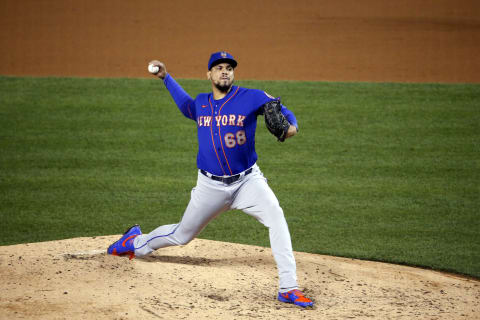 Sep 26, 2020; Washington, District of Columbia, USA; New York Mets relief pitcher Dellin Betances (68) throws the ball during the fifth inning against the Washington Nationals at Nationals Park. Mandatory Credit: Amber Searls-USA TODAY Sports