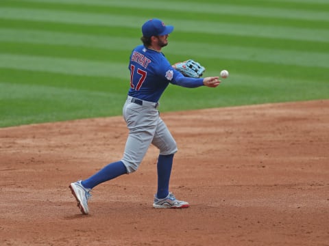 Sep 27, 2020; Chicago, Illinois, USA; Chicago Cubs third baseman Kris Bryant (17) throws out Chicago White Sox second baseman Nick Madrigal (not pictured) during the third inning at Guaranteed Rate Field. Mandatory Credit: Dennis Wierzbicki-USA TODAY Sports