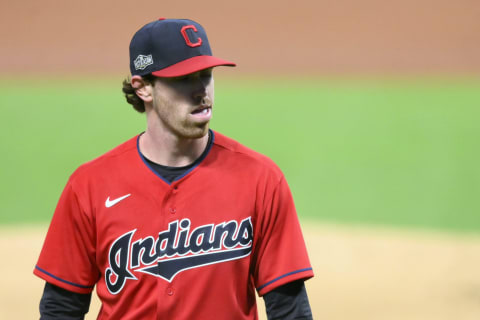 Sep 29, 2020; Cleveland, Ohio, USA; Cleveland Indians starting pitcher Shane Bieber (57) walks off the field in the first inning against the New York Yankees at Progressive Field. Mandatory Credit: David Richard-USA TODAY Sports