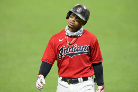 Sep 29, 2020; Cleveland, Ohio, USA; Cleveland Indians shortstop Francisco Lindor (12) reacts after popping out against the New York Yankees in the third inning at Progressive Field. Mandatory Credit: David Richard-USA TODAY Sports