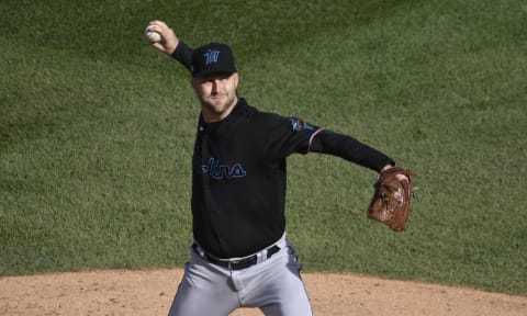 Oct 2, 2020; Chicago, Illinois, USA; Miami Marlins relief pitcher Brad Boxberger (33) throws against the Chicago Cubsduring the sixth inning in game two of a Wild Card playoff baseball game at Wrigley Field. Mandatory Credit: David Banks-USA TODAY Sports